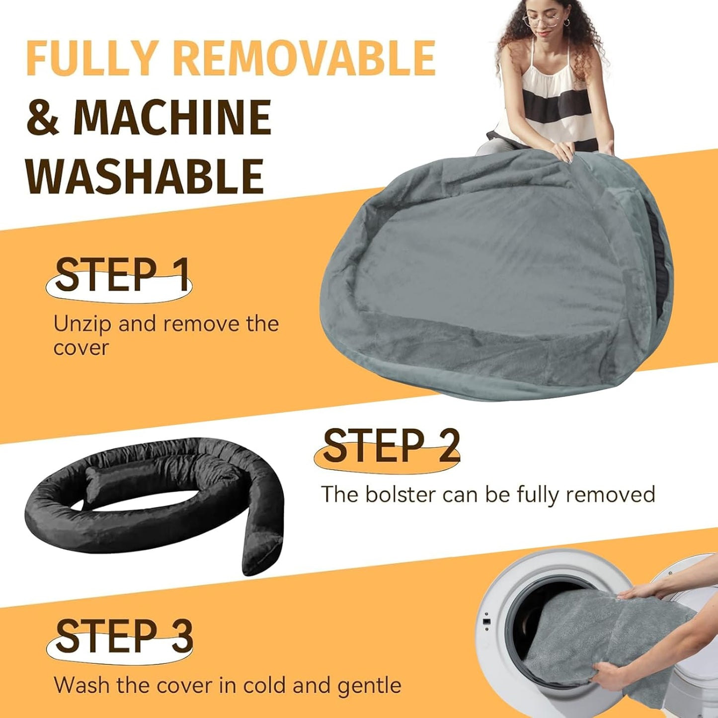 Orthopedic Waterproof Large Dog Bed: Memory Foam Washable Dog Bed with Bolsters - XXL Orthopedic Removable Cover for Medium Large Sized Pet - Non-Slip Bottom - Grey