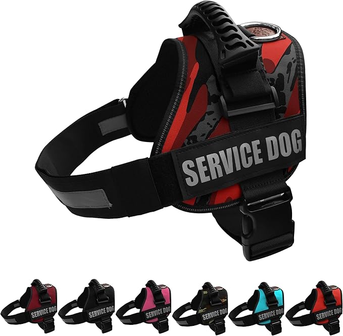 Service Dog Vest Harness – Reflective Service Animal Vest, No-Pull Harness with Handle & Mesh Padding – Sizes XXS-XL for Puppies – 2 Removable Service Patches Included (Medium, Red Camo)