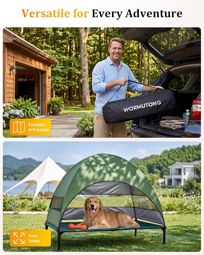 Elevated Outdoor Dog Bed with Canopy, Raised Dog Cot with Stable Adjustable Feet, Dog Camping Bed with Larger Shade, Lifted Dog Tent Bed with Canopy for Outside (Green, Large)