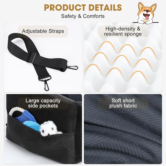 JOEJOY Dog Car Seats for Small Medium Dogs Under 35lbs, Dog Booster Seat with Detachable Washable Cover and Cushion, Memory Foam Pet Car Seat with Safety Belt and Storage Pockets (DG)