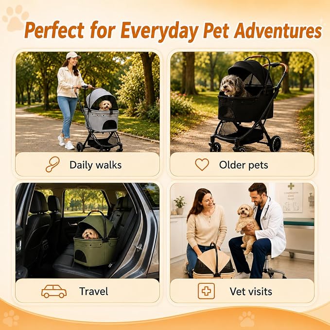 Pet Stroller for Small Dogs and Cats, Detachable Dog Cat Stroller with All-Terrain Shock Absorbing Wheels, One-Click Foldable Design, Adjustable Canopy (Green)