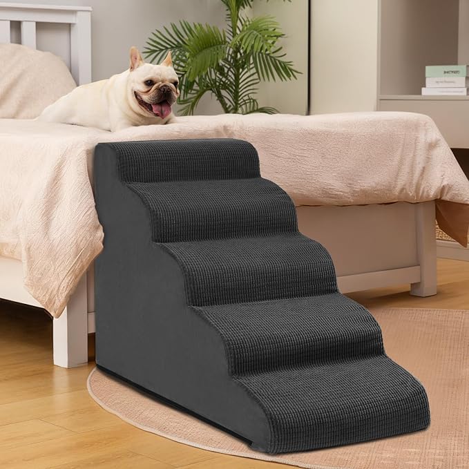 Aodisman Dog Stairs for High Bed,5-Step Pet Ramp for Small Dogs and Cats | 22.2" H Dog Steps for Bed with High-Density Foam, Help Olders,Short-Legged Dogs,Puppy and Cats Get on Beds Easily,Grey,Black