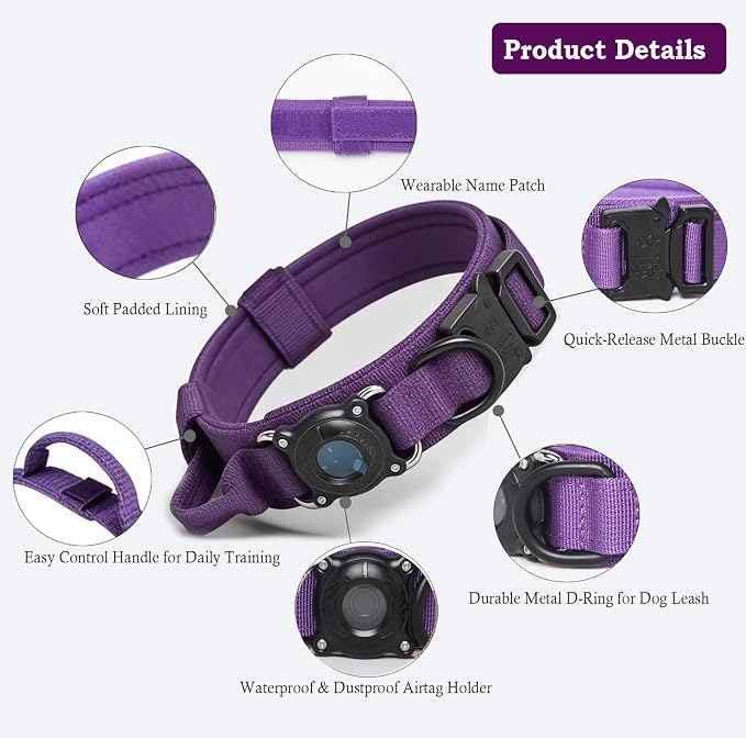 AirTag Dog Collar for Large Dogs Tactical Dog Collar with AirTag Holder | Upgrade Waterproof,Control Handle,Quick-Release Metal Buckle,1000D Nylon Fabric,Soft-Padded Webbing,Velcro Patch(Purple,L)