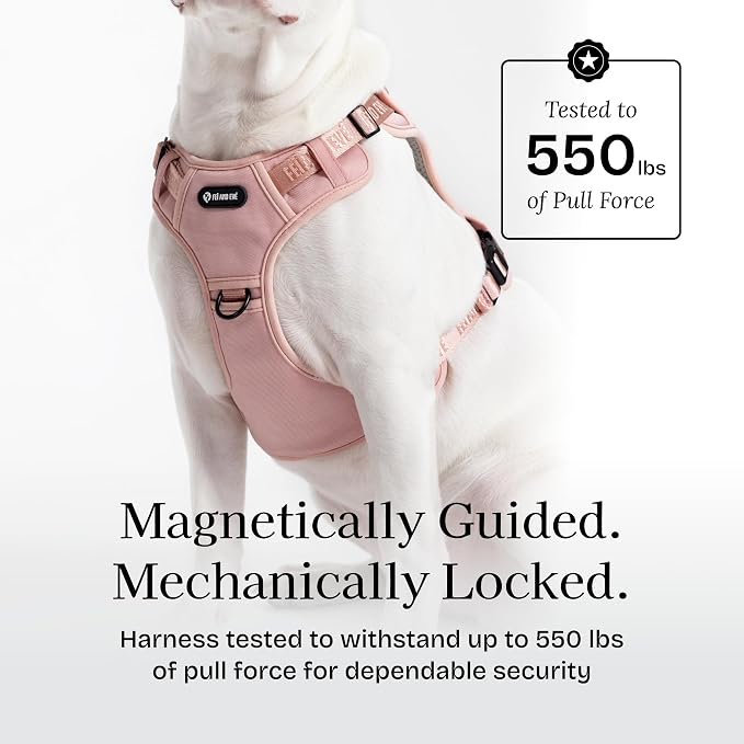 Fei & Eve Classic Dog Harness, MagEase Magnetic Buckle | 3-Point No-Pull Control, Dual Handle Support, 900D Nylon, Tactical Patch Panel, Heavy Duty, Small, Pink