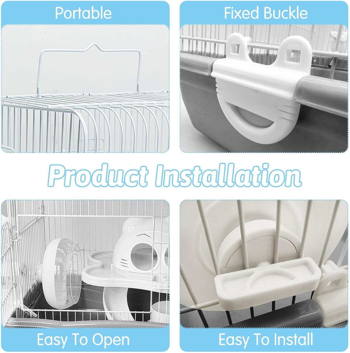PINVNBY Dwarf Hamster Cage, Small Animal Cages, 2-Tier Travel Portable Mouse Cage Hamster Carrier with Castle House Running Exercise Wheels, Water Bottle and Food Dis（Gray）