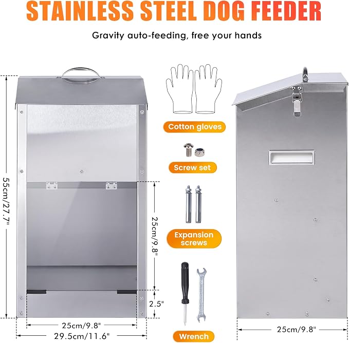 Automatic Dog Feeder Large Breed Outdoor, Stainless Steel Material | 25 Lbs Dog Dry Food Dispenser with Clear Flap Door, Gravity Pet Feeder Feeding Station, Sturdy and Durable, Wall Mountable