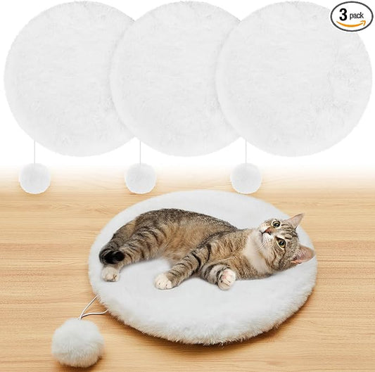 Abbylike 3 Pack 14" Round Cat Dog Bed Cushion Pad Mat Faux Rabbit Fur Pet Sleeping Mat with Small Ball Warm Plush Anti Slip Washable Cat Tree Tower Replacement Cushion Pad for Carrier Crate, White