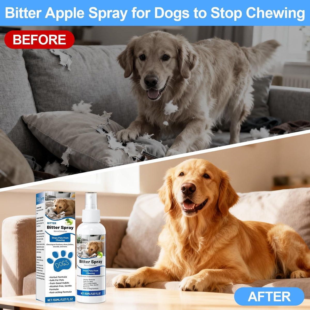 Bitter Apple Spray for Dogs to Stop Chewing | Natural Non-Toxic No Chew Spray for Dogs 150ml, Dog Training & Behavior Aids Chew Deterrent | Stop Licking Wounds | Protect Furniture Shoes