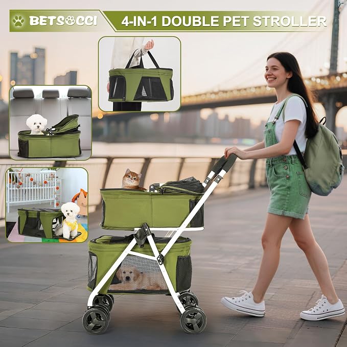 Double Dog Stroller with 2 Detachable Carrier, Portable Pet Stroller for Small Dogs & Cats Folding Lightweight Puppy Travel Carriage, 4 Wheels, Olive Green
