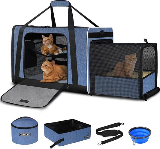 Petskd Side Expandable Extra Large Cat Carrier with Litter Box Area, 24"x17"x17" Soft-Sided Pet Carrier for 2 Cats Under 55 lbs with Zipper Locks for Car Travel(Blue)