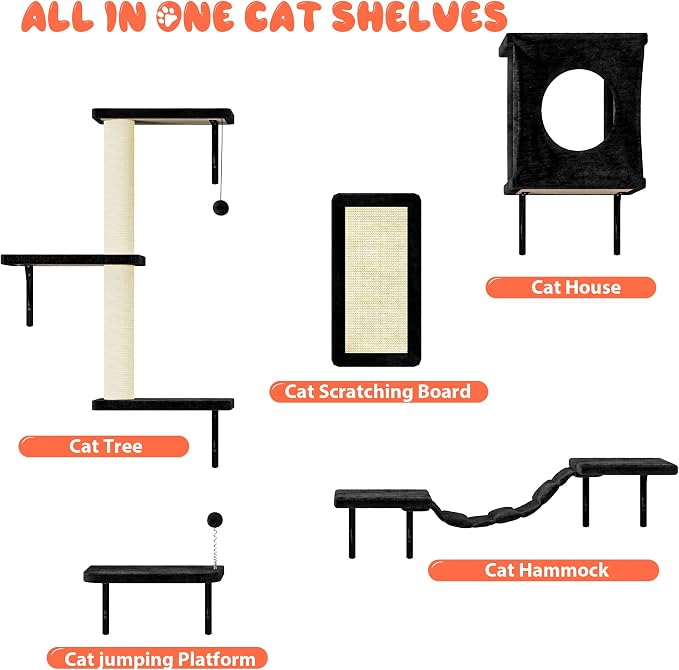 5 Pcs Cat Wall Shelves Set, Wall-Mounted Climber with Cat House, Scratching Post, Bridge, Hammock, Space-Saving Play Furniture, Black