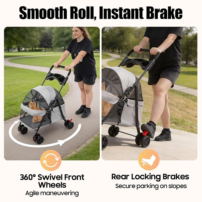 Pet Stroller for Small Medium Dogs Cats, Lightweight Foldable Pet Wagon with 360° Front Wheels & Brake, 40 lbs Capacity Carrier for Park Travel Shopping, Breathable Mesh Basket (Light Gray)