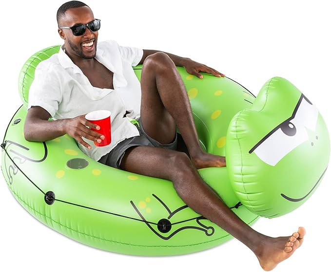 BigMouth Inc Large Frog River Tube with Mesh Seat, Heavy Duty Vinyl Raft for Waterway Drifting, Built-in Cup Holder and Grab Rope, Comfortable Floating Ride for Lakes, Streams, Adults and Kids