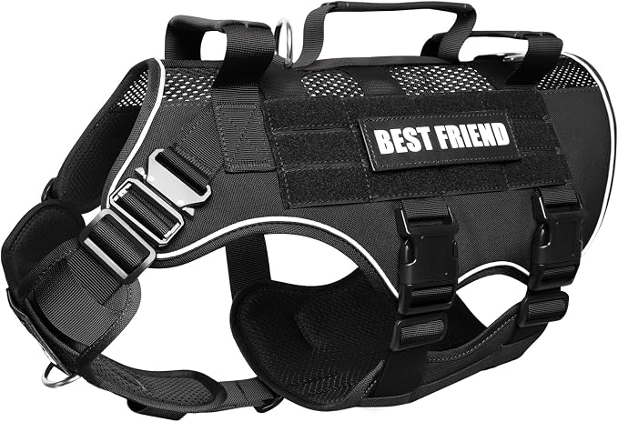 Air Mesh Tactical Dog Harness with Metal Buckles&MOLLE,Black Medium | Breathable Adjustable No Pull Service Dog Vest with 3 Padded Handles,Military Dog Harness for Training Hiking Hunting Working