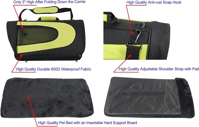 EliteField Deluxe Soft Pet Carrier (3 Year Warranty, Airline Approved), Multiple Sizes and Colors Available (20" L x 11" W x 11" H, Black+Lemon Green)