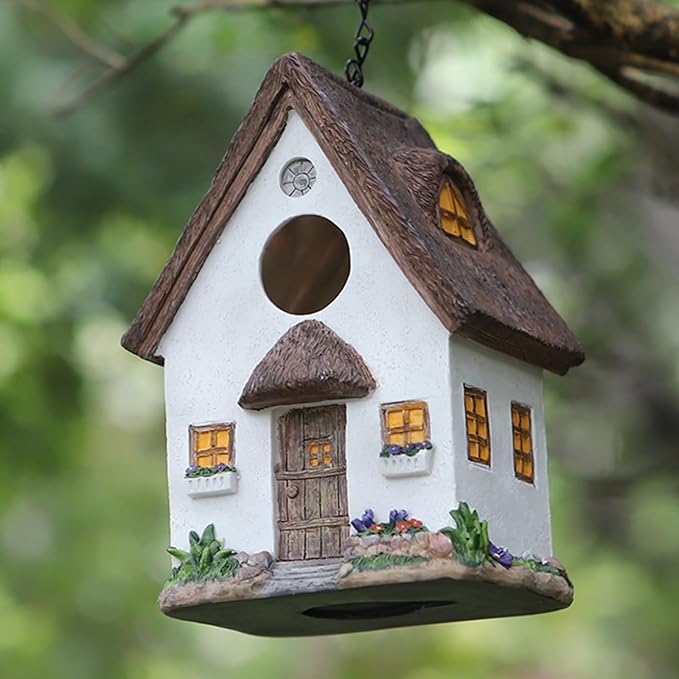 Bird Houses for Outside Rustic Cottage Birdhouse with Thatch Roof – Hand-Painted Resin Birdhouses for Outdoors for Bluebird Finches Cardinals Bird Nesting Garden, Patio, Yard