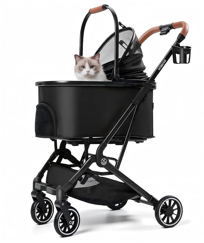 Pet Stroller for Cats and Small Dogs, Cat Strollers for 2 Cats with Detachable Carrier, Safety Leashes, Ventilated, Foldable,Pet Car Seat, All-Terrain Wheels, Storage Basket & Cup Holder, Black