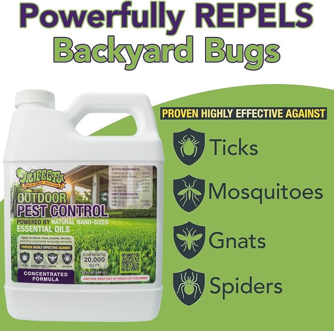 Trifecta Natural Outdoor Pest Control Yard Spray with Essential Oils | Mosquito, Ant, Flea, Tick, Gnat Killer on Contact & Repellent Treatment for Insects Bugs | Safe Around Kids & Pets | 32oz Conc