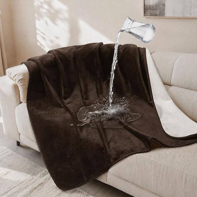 LOOBANI Waterproof Pet Blanket for Couch, Throw Size 50"x60", Coffee | Double-Side Liquid Proof Cozy Flannel, Reversible, Stain-Proof Couch Cover for Small Medium Dogs Bed Crate Furniture