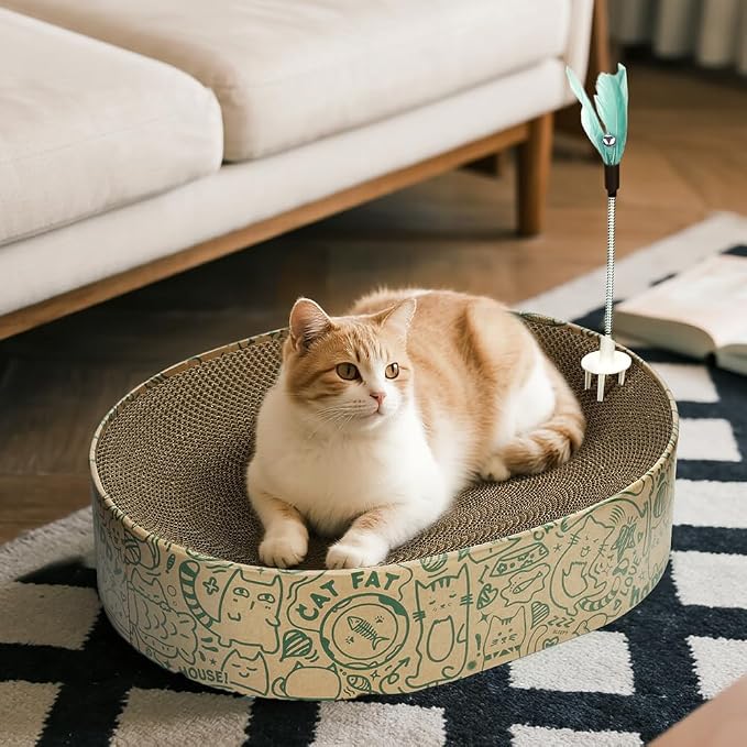 Cat Scratcher Cardboard, 2in1 Oval Cat Scratcher Bed for Indoor Cats Cat, Scratch Pad Bowl with Scratching Toy, Cozy Oval Cat Scratch Bed Furniture for Kittens & Medium Size Cats(Green)