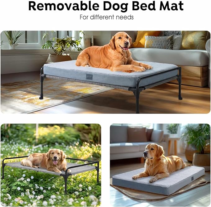 Veehoo Elevated Raised Dog Bed+Removable Dog Bed Mat-Cooling Outdoor Medium Pet Cot Three-Sided Guardrail Raised Pet Cot Elevated Hammock Ded with Bolster-29 x18 Black Silver