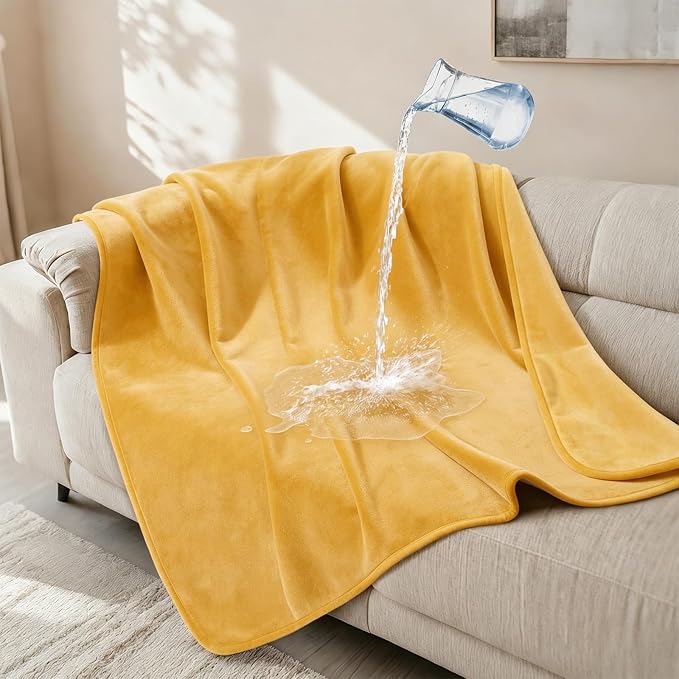 LOOBANI Waterproof Pet Blanket for Couch, Throw Size 50"x60", Yellow | Double-Side Flannel Reversible, Liquid Pee Proof Stain-Proof for Furniture Protection, Ideal for Medium Large Dogs Bed Crate
