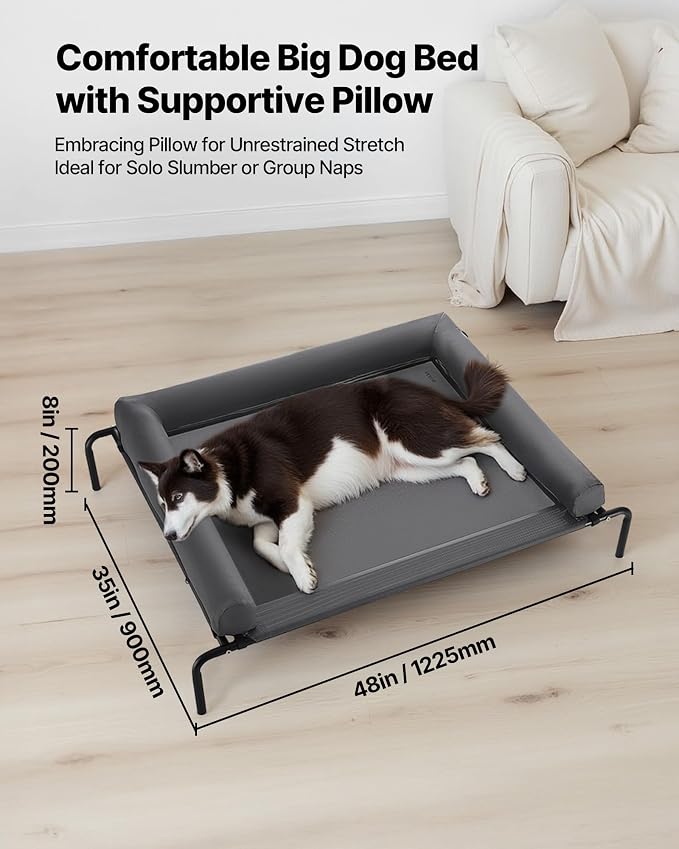 VEVOR Elevated Dog Bed for Large Dogs, Portable Raised Dog Cot with Washable Pillow, Indoor & Outdoor Pet Cooling Raised Hammock Bed with Steel Metal Frame and Breathable Teslin Mesh, XL, Gray