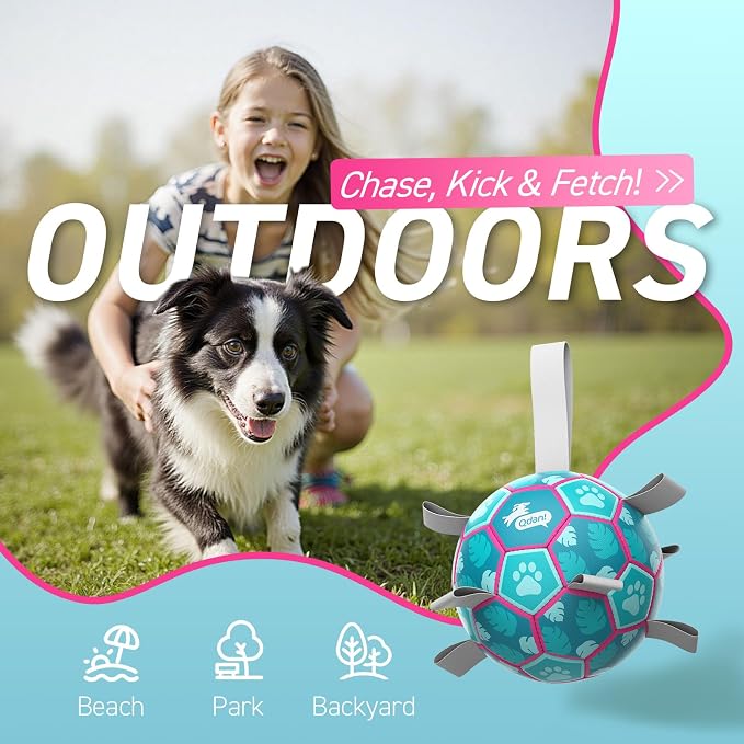 QDAN Dog Toys Soccer Ball with Straps, Beach Pool Dog Water Toy, Herding Balls for Dog, Blue (6 Inch)