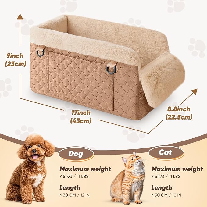 QUMY Middle Center Console Dog Car Seats for Small Dogs Up to 11lbs, Khaki | Portable Dog Booster Car Seat, Multi-Purpose Puppy CarSeat with Adjustable Harness, Small Dog Cat Pet Car Carriers for Travel