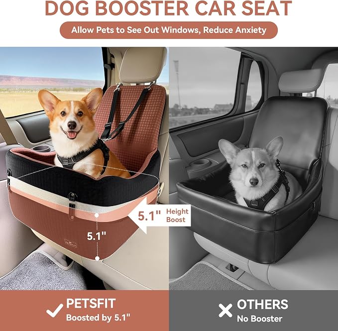 PETSFIT Dog Booster Car Seat with Patented Safety System, 5" Elevated Pad | Fully Detachable Washable Cover, Memory Foam Pet Car Seat for Small/Medium Dogs Up to 35 Lbs with Safety Belt