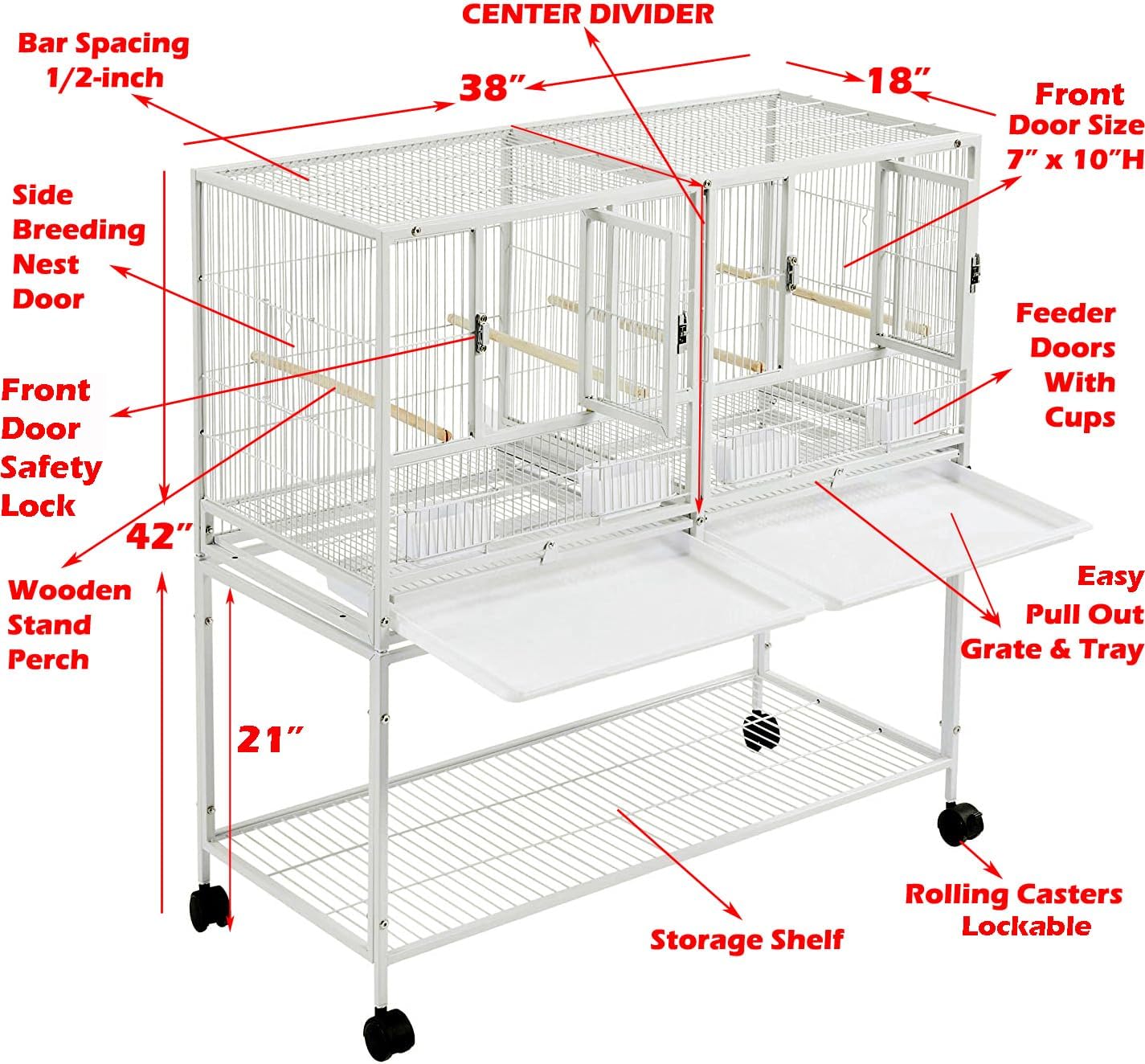 Combo Breeding Stacker Center Divided Breeder Bird Flight Double Rolling Cage Side Breeding Nest Door Feeder Doors with Water Food Cups Natural Wood Perch Easy Clean Pull Out Tray