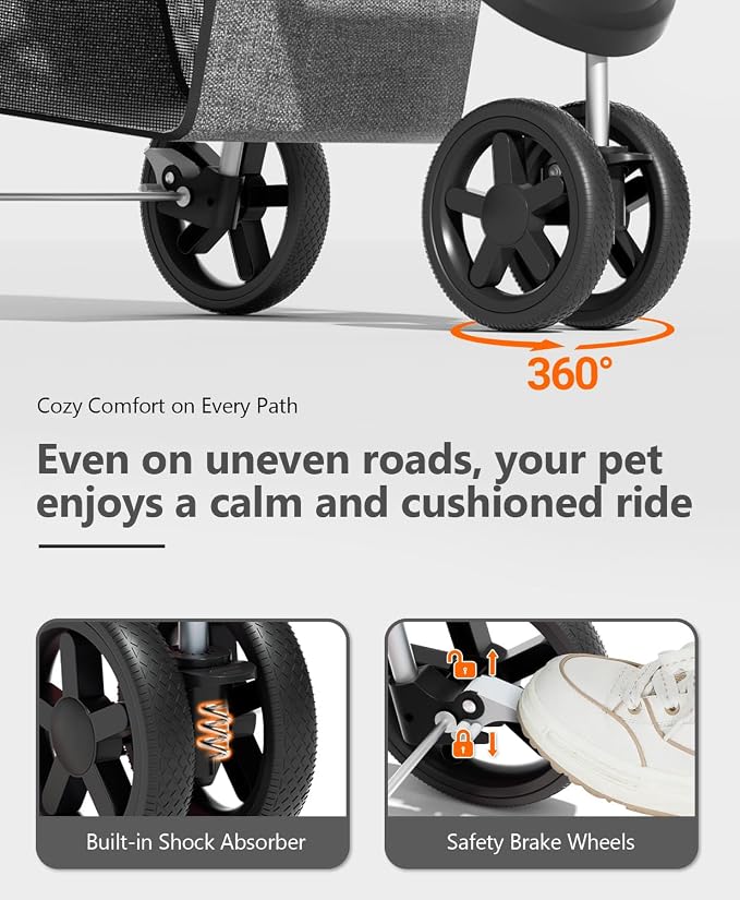 OS MOTOR 3 Wheels Pet Stroller for Small Medium Pets, Gray | Foldable Carrier Jogger, Rear Wheel Breaks, Storage Basket, Visible Mesh Weather Cover, Portable, Dog, Cat, Puppy, Kitty