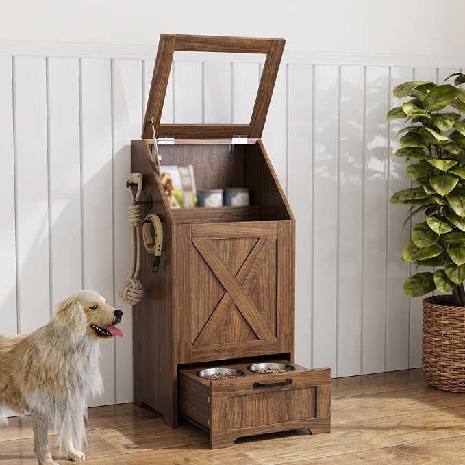 Dog Feeding Station with 2 Elevated Bowls, Dog Food Storage Cabinet with Pet Toy Organizer and Flip Top Pet Feeding Station,Hidden Pet Feeder Station for Cats and Dogs(Walnut)