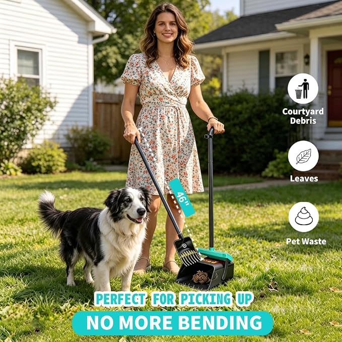 Pooper Scooper, 46" Long Handle Heavy Duty Picker-Upper, Swivel Bin Rake Kit with Bag Attachment, 100 Waste Bags for Small Large Dogs Puppy Poop Trash Litter Cleanup Yard Outdoor Pet Essentials