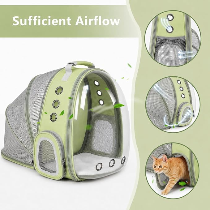Expandable Cat Carrier Backpack for Cats & Dogs, Bubble Window Pet Travel Backpack with Breathable Mesh, Anti-Collapse Structure, Side Door, Safety Leash, for Vet Visits, Hiking, Outdoor, Light Green