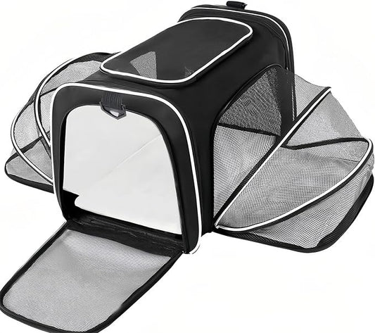 Expandable Cat Carrier Pet Carrier with 2 Extensions,Airline Approved Soft-Sided Portable Dog Travel Washable Carrier for Kittens,Puppies,Removable Soft Plush Mat (Black White, Medium)