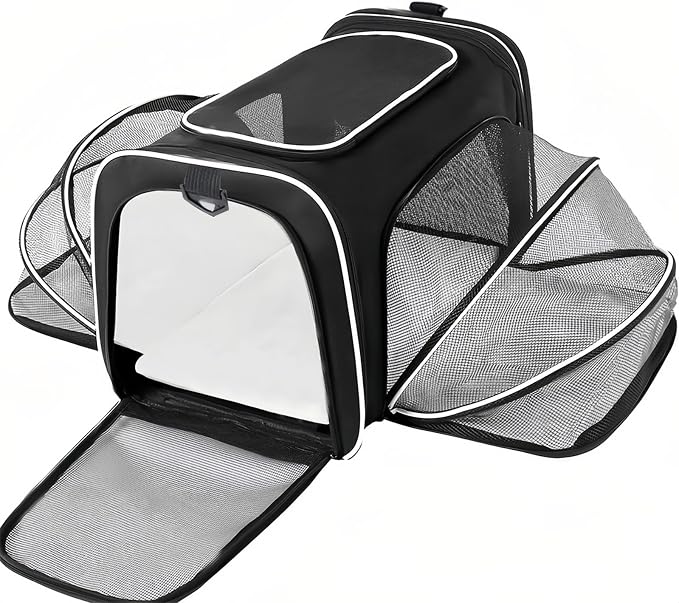 Expandable Cat Carrier Pet Carrier with 2 Extensions,Airline Approved Soft-Sided Portable Dog Travel Washable Carrier for Kittens,Puppies,Removable Soft Plush Mat (Black White, Small)