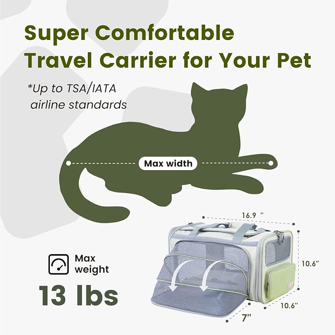 Pawaii Cat Carrier with ID Tag, TSA Airline Approved Soft Sided Collapsible Pet Travel Carrier, Portable Comfortable Convenient Foldable Cat Travel Bag | Up to 13 lbs, 16.9 x 10.6 x 10.6 in, QR pet ID tag, top entry, luggage sleeve, soft fleece pad, fo...