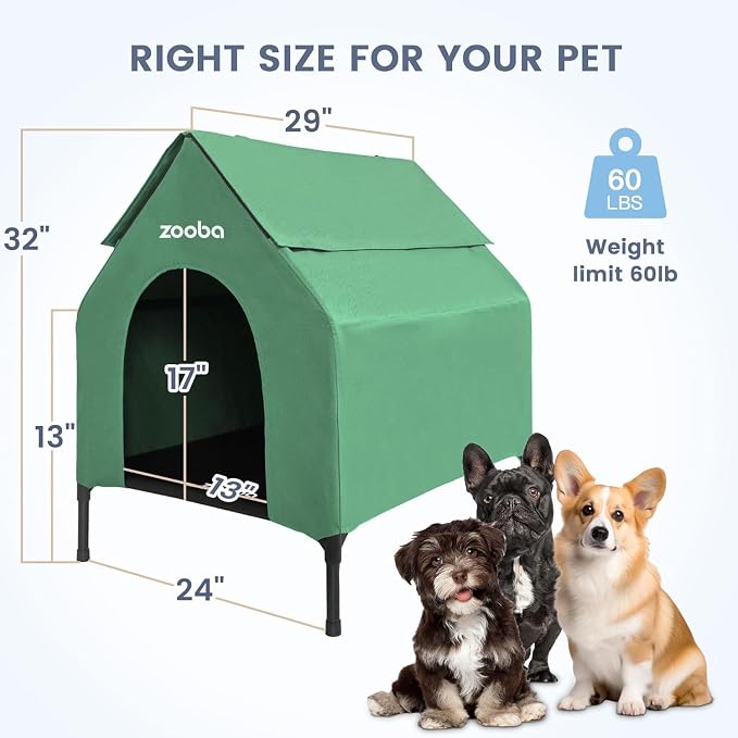Zooba 29in Medium Dog House Outdoor, Elevated Dog Bed with Canopy, Green | Weather-resistant 600D PVC canopy, breathable 2x1 Textilene elevated bed, steel frame; indoor or outdoor; easy to clean