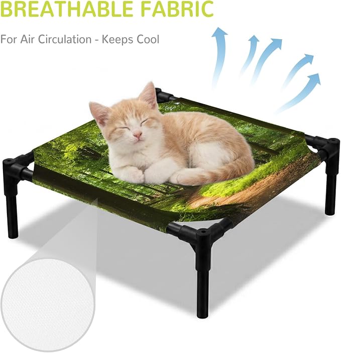 Outdoor Elevated Dog Bed for Small Dogs, Green Forest Breathable Cooling Raised Dog Cot for Indoor/Outdoor, Retro Rustic Natural Scenery Trees Waterproof Elevated Pet Beds, S 20 x 20 in