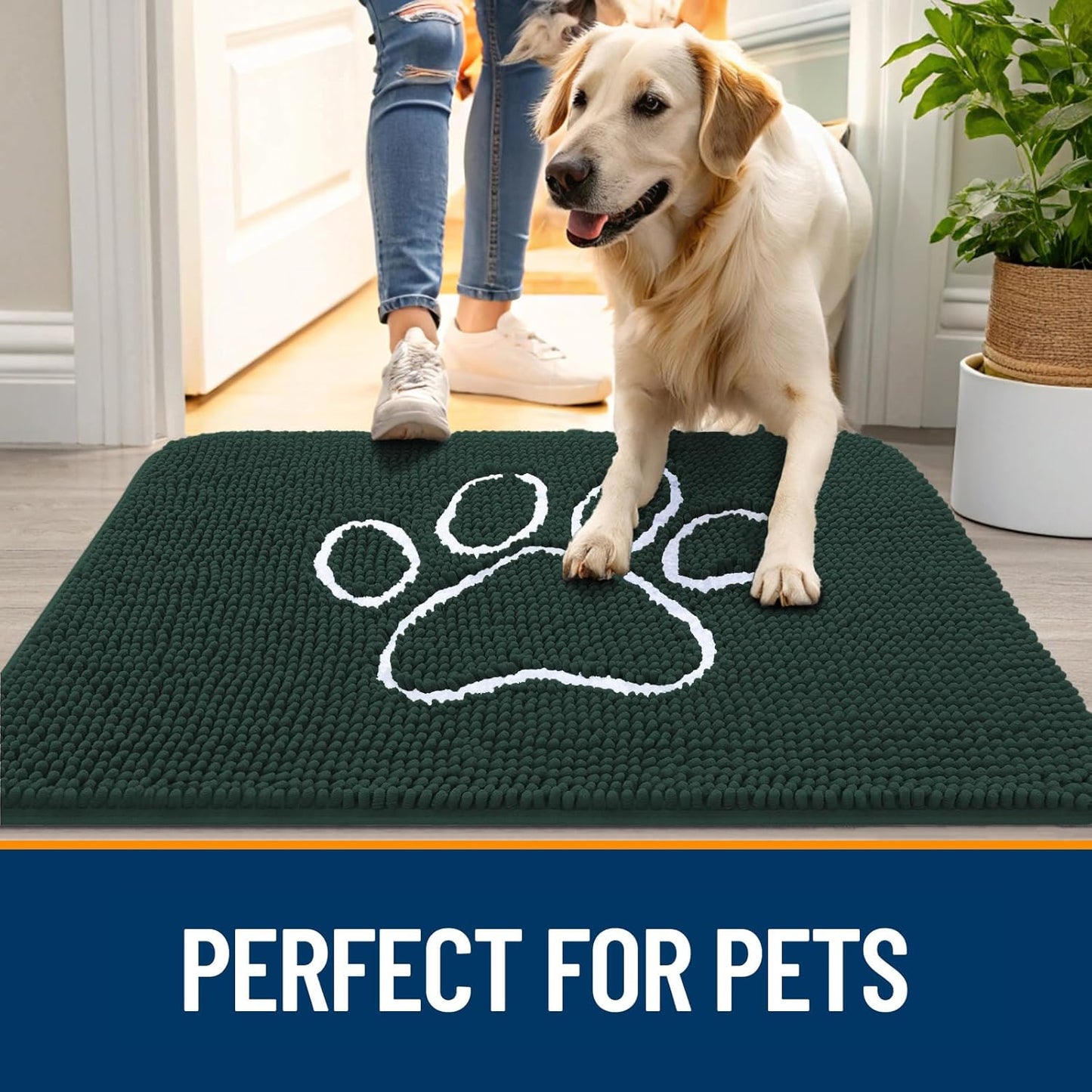 OLANLY Door Mat for Muddy Dog Paws 24x16, Absorbent Chenille Mud Doormat with Paw Print Design, Non-Slip Washable Doormat for Indoor Entryway, Quick-Dry Pet Bed Mats for Dirty Dogs, Blackish Green