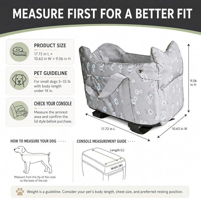 Center Console Dog Car Seat for Small Dogs 5-15 lbs, Gray | Portable Puppy Armrest Booster with Anti-Collapse Support, Washable Fluffy Cushion and Pillow,
