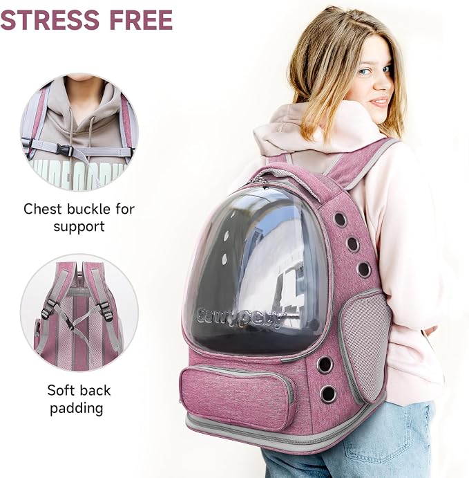 Cawypety Cat Backpack Carrier, Breathable Cat Carrier Large Space Bubble Pet Backpack for Kitty Small Dog up to 12lbs, Transparent & Foldable Pet Carrier for Travel Hiking（Pink）