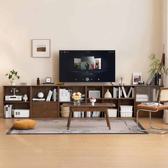 YESWOOD Modular Bookcase Storage Cubes, 100% Solid Rubberwood TV Stand Free Combination, Small Walnut Color Buffet Cabinet for Living Room Bedroom Study