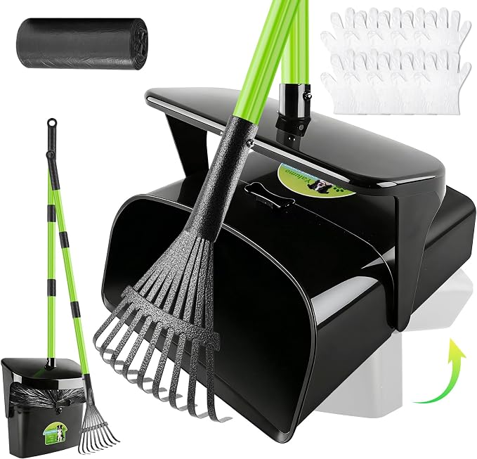 Pooper Scooper Swivel Bin & Rake with 50 Waste Bags, 38" Long Adjustable Handle Dog Poop Scooper for Yard Large Medium Small Dog, Easy to Clean Pet Waste Use on Grass, Dirt, Concrete or Gravel