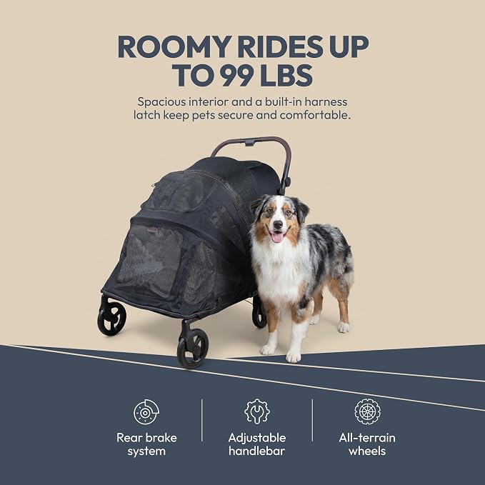 WonderFold Hudson Pet Stroller for Large Pets - Super FLATFOLD: Even the Wheels Fold in - Black, Large