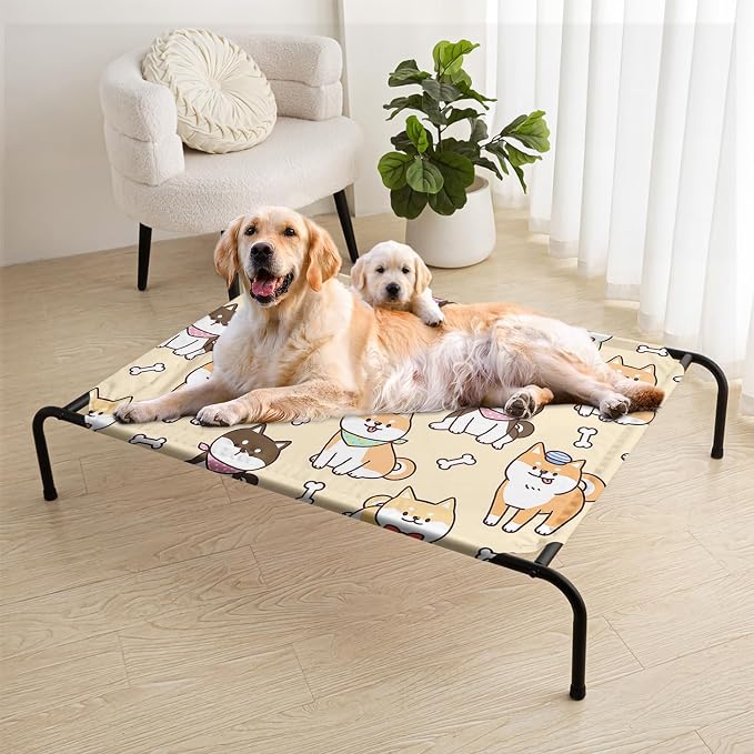 Cartoon Yellow Dog Bone Pattern Orthopedic Elevated Dog Pet Bed (35"X25"X8"),with Metal Frame,Breathable Waterproof Dog Kennel,Sleeping Bed for Small Medium Large Dogs Cats,for Home,Outdoor Use