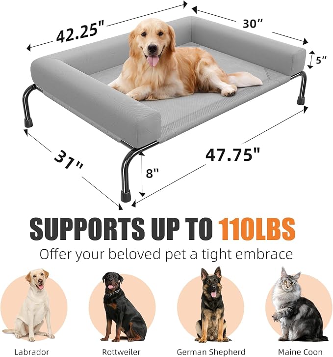 Simple Trending Elevated Dog Bed for Large Dogs with Bolsters, Grey | Cooling Raised Dog Cot, Breathable Pet Bed for Outdoor, 47.75" x 31"