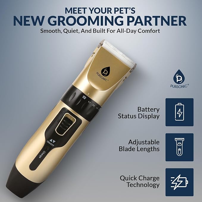 Pursonic Rechargeable Dog Clippers for Grooming – Professional Pet Clippers for Dogs & Cats, Quiet Pet Hair Trimmer with Adjustable Blades and Guide Combs