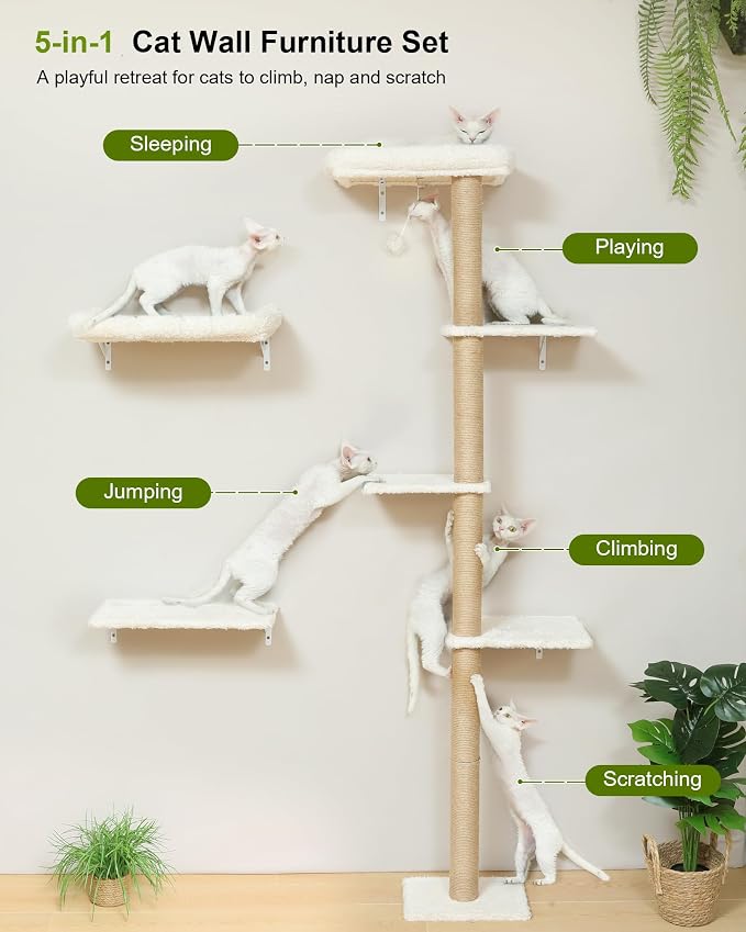FUKUMARU Cat Wall Shelves, Stable & Safe 7 in 1 Cat Furniture Set, Wooden Climbing Wall with Scratching Post for 16 Inch Drywall - Beige